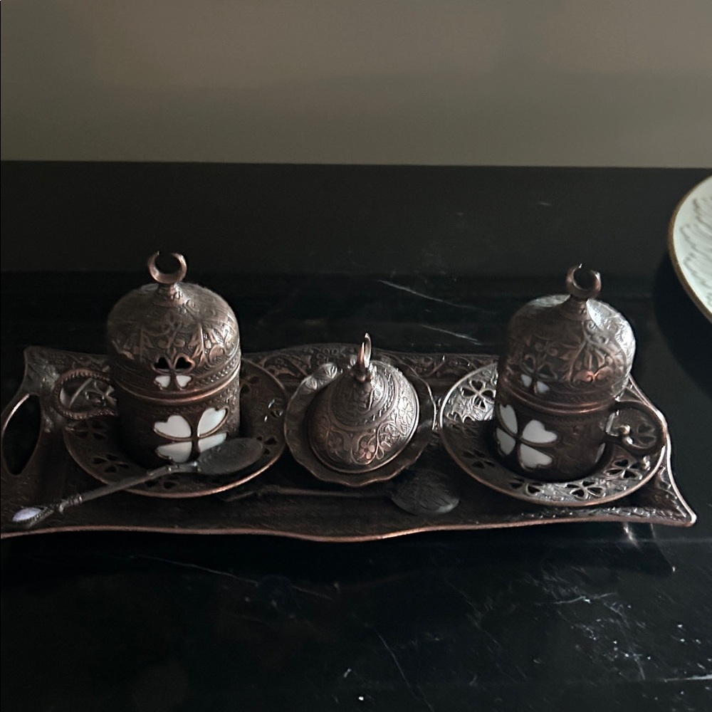 Turkish Ornate Brown and White Coffee Set